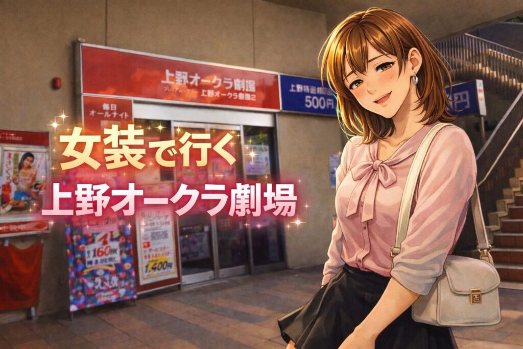 女装で上野オークラ劇場を訪れたときの館内の雰囲気と過ごし方をイメージしたイラスト