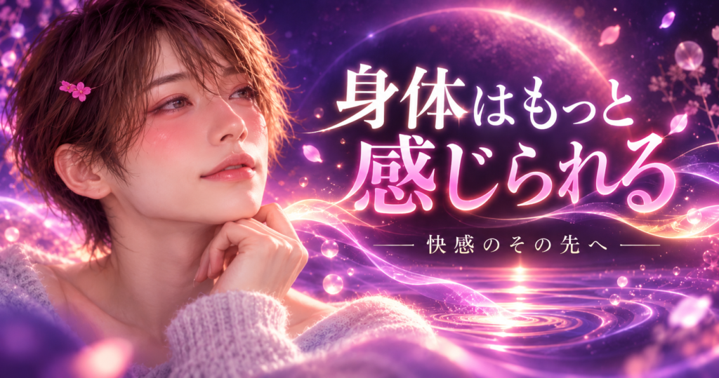 男の身体の快感をテーマに、ほろ酔いの表情をした女装男子と「身体はもっと感じられる」の文字を描いたトップ画像