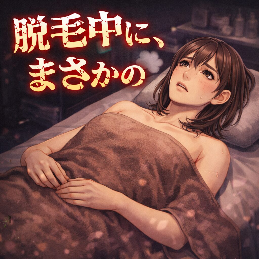 女装男子が脱毛をしてもらているが、生理現象に悩まされているイラスト