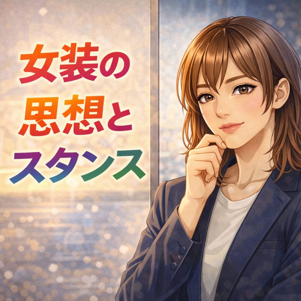 女装の迷いと向き合う女装男子のイラスト｜違和感・罪悪感をテーマにしたビジュアル